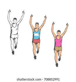 A marathon and a healthy lifestyle at any age.
the adult man runs forward. a set of three figures of different colors.

