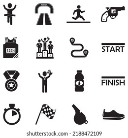 Marathon Icons. Black Flat Design. Vector Illustration.