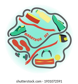 Marathon items and symbols. Isolated sport water bottle, sneakers, phone fixator, belt for carrying things, earbuds, fitness bracelet, medal and red ribbon of the victory. Curved band imitating track.