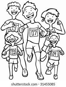 Marathon Kid Race Line Art: Children running together in a race wearing numbered badges.