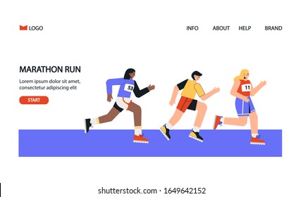 Plantilla de página de inicio de maratón. Concepto de estilo de vida saludable, verano al aire libre, entrenamiento, ejercicio cardiovascular. Hombres y mujeres trotando o corriendo. Ilustración vectorial de estilo plano sobre fondo blanco