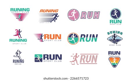 Marathon logo. Sport run club. Athlete runners on logotype. Exercise challenge color sign. Sprinters emblems. Active man race. Speed running. Sprinting sportsman. Vector design icons set