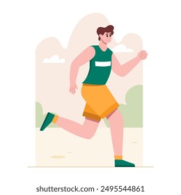 Marathon. Man Jogging, Running. Active, Healthy Lifestyle. Proper Nutrition and Sports. Physical Cardio Workout. Flat Vector Illustration.