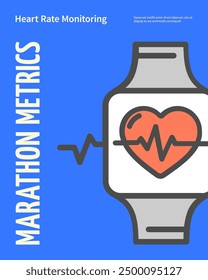 Marathon Metrics Concepto Vertical Invitación Placard Póster Tarjeta de Anuncio Plantilla. Ilustración vectorial de Smart Watch Pulse Heart Sign