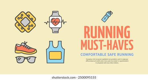 Marathon Must Haves Concept Horizontal Invitation Placard Poster Banner Card Template. Vector illustration of Pulse Bracelet, Glasses and Bandage