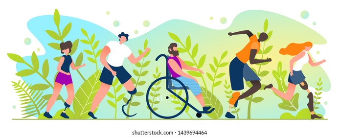 Marathon for People with Disabilities Cartoon Flat. Summer International Competitions for People with Physical Disabilities. People with Disabilities are Running Marathon. Vector Illustration.