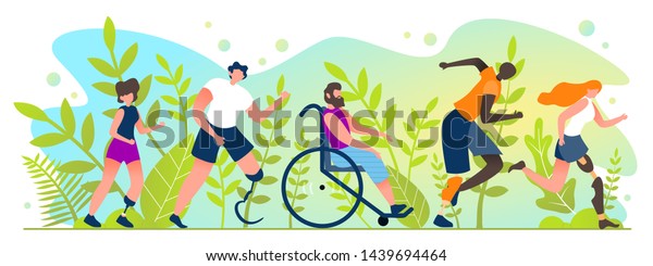 障害者向けのマラソン アニメ フラット 体の不自由な人のための夏の国際大会 障害を持つ人々はマラソンを走っている ベクターイラスト のベクター画像素材 ロイヤリティフリー