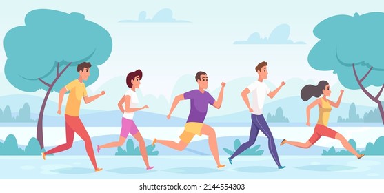 Marathon persons. Outdoor helthy lifestyle jogging exercises athlete runners exact vector cartoon background