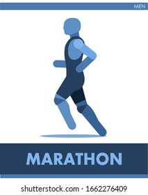 Marathon pictogram. Man competes in race running. Icon of sportsman track and field. Men or boys athletics. Run. International male summer sports. Symbolic image is one of a series.  Vector isolated.