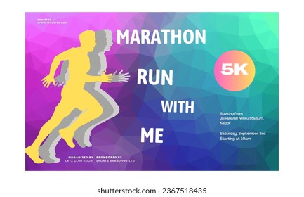 Afiche maratoniano con colorido diseño de color morado con una silueta de un atleta corredor. Los propietarios de los lugares facilitaron detalles de la maratón. afiche de maratón. afiche en ejecución