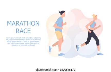 Marathon poster design concept. People run a marathon, jogging man and woman. Runners group in motion. City sport event. Isolated vector illustration in cartoon style