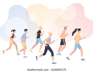 Marathon poster design concept. People run a marathon, jogging man and woman. Runners group in motion. City sport event. Isolated vector illustration in cartoon style