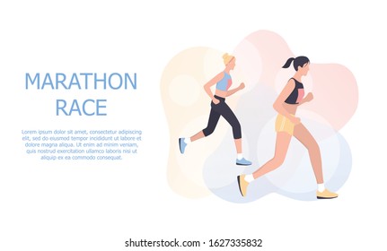 Marathon poster design concept. People run a marathon, jogging man and woman. Runners group in motion. City sport event. Isolated vector illustration in cartoon style
