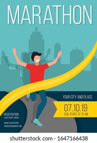 Marathon poster with happy guy crosses finish vector illustration. Athlete man running on road with building behind flat style design. City sports arena. Sport competition and champion concept