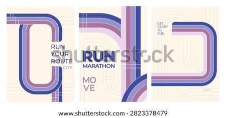 Marathon poster set, vector backgrounds. Sport banners collection with abstract running tracks, color lines with dynamic speed effect, race events design or competition layouts with route lanes