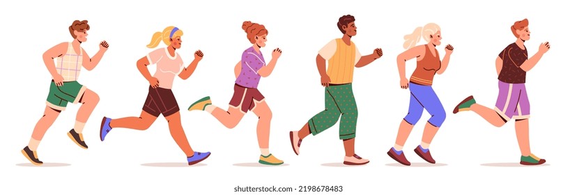 Concepto de maratón racial. Jóvenes hombres y mujeres en ropa deportiva corren o hacen deportes. Jogging en el parque. Estilo de vida activo o ejercicios físicos. Ilustración vectorial plana de dibujos animados aislada en fondo blanco