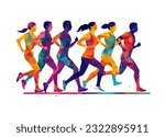 Marathon race design template with runners. Sport and fitness concept. People running. Vector illustration.