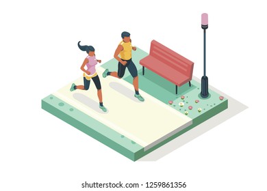 Marathon race event. Fitness sneakers. Training on the road. Run sprint, health dynamics people sprint. Jogging fast group. Images, web banner, flat isometric illustration isolated on white background