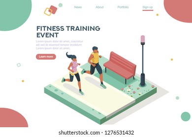 Marathon race event. Fitness sneakers. Training on the road. Run sprint, health dynamics people sprint. Jogging fast group. Images, web banner, flat isometric illustration isolated on white background