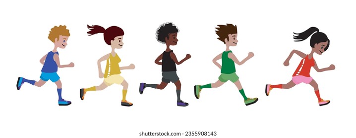 Marathon race. Group of five people running, men and women. Each athlete symbolizes a color of the many flags. Vector illustration isolated on white background.