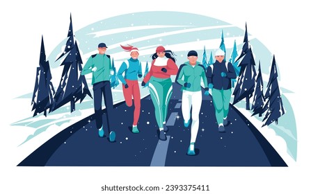 Marathon race group - flat cartoon modern vector illustration of running men and women in snow on winter country road. Running in the cold season. Creative landing page design template, web banner