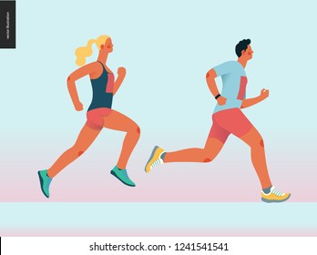 Marathon race group - flat modern vector concept illustration of running men and women wearing sportswer. Marathon race, 5k run, sprint. Creative landing page design template, web banner