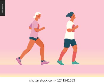 Marathon race group - flat modern vector concept illustration of running men and women wearing sportswer. Marathon race, 5k run, sprint. Creative landing page design template, web banner