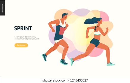 Marathon race group - flat modern vector concept illustration of running men and women wearing sportswer. Marathon race, 5k run, sprint. Creative landing page design template, web banner