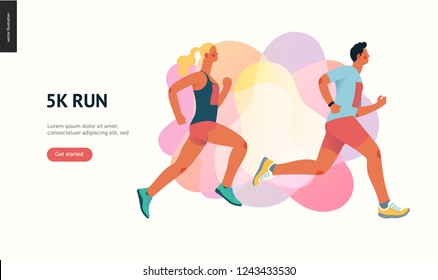 Marathon race group - flat modern vector concept illustration of running men and women wearing sportswer. Marathon race, 5k run, sprint. Creative landing page design template, web banner