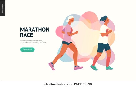 Marathon race group - flat modern vector concept illustration of running men and women wearing sportswer. Marathon race, 5k run, sprint. Creative landing page design template, web banner