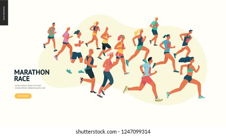 Marathon race group - flat modern vector concept illustration of running men and women wearing summer sportswer. Marathon race, 5k run, sprint. Creative landing page design template, web banner