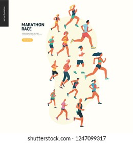 Marathon race group - flat modern vector concept illustration of running men and women wearing summer sportswer. Marathon race, 5k run, sprint. Creative landing page design template, web banner