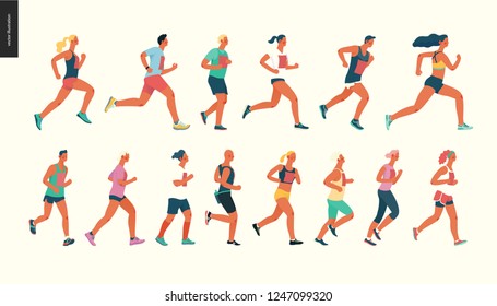 Marathon race group - flat modern vector concept illustration of running men and women wearing summer sportswer. Marathon race, 5k run, sprint. Creative landing page design template, web banner