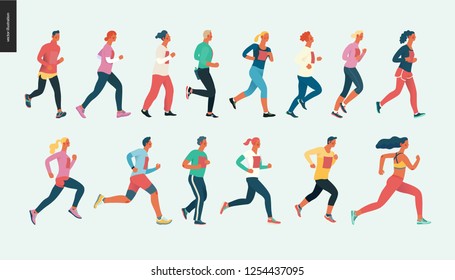 Marathon Race Group - Flat Modern Vector Concept Illustration Of Running Men And Women Wearing Winter Sportswer. Marathon Race, 5k Run, Sprint. Creative Landing Page Design Template, Web Banner