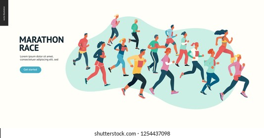 Marathon Race Group - Flat Modern Vector Concept Illustration Of Running Men And Women Wearing Winter Sportswer. Marathon Race, 5k Run, Sprint. Creative Landing Page Design Template, Web Banner