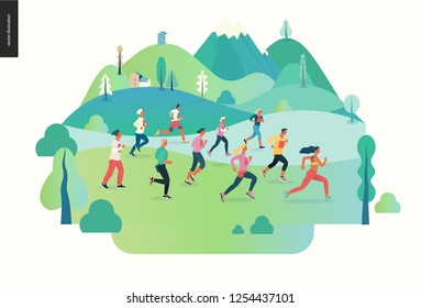 Marathon race group - flat modern vector concept illustration of running men and women wearing sportswer in landscape. Marathon race, 5k run, sprint. Creative landing page design template, web banner