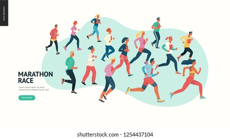 Marathon Race Group - Flat Modern Vector Concept Illustration Of Running Men And Women Wearing Winter Sportswer. Marathon Race, 5k Run, Sprint. Creative Landing Page Design Template, Web Banner