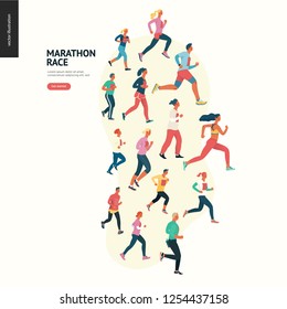 Marathon race group - flat modern vector concept illustration of running men and women wearing winter sportswer. Marathon race, 5k run, sprint. Creative landing page design template, web banner