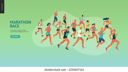 Marathon race group - flat modern vector concept illustration of running men and women wearing sportswer. Marathon race, 5k run, sprint. Creative landing page design template, web banner