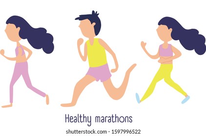 Marathon Race Group - Flat Modern Vector Concept Illustration Of Running Men And Women Wearing Sportswer. Marathon Race, 5k Run, Sprint.