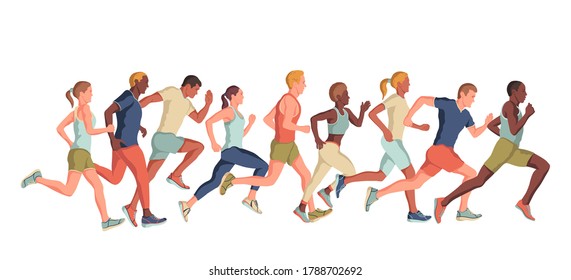 Marathon race group - flat modern vector concept. Running men and women vector illustration. 