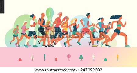 Marathon race group - flat modern vector concept illustration of running men and women wearing summer sportswer. Marathon race, 5k run, sprint. Creative landing page design template, web banner