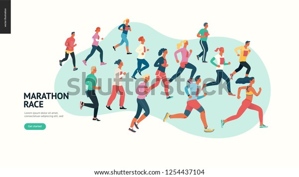 Marathon race group - flat modern vector concept\
illustration of running men and women wearing winter sportswer.\
Marathon race, 5k run, sprint. Creative landing page design\
template, web banner