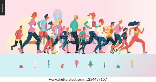 Marathon race group - flat modern vector concept\
illustration of running men and women wearing winter sportswer.\
Marathon race, 5k run, sprint. Creative landing page design\
template, web banner
