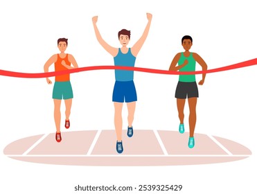 Marathon race. Group of people running and finish line. Front view. Vector illustration.