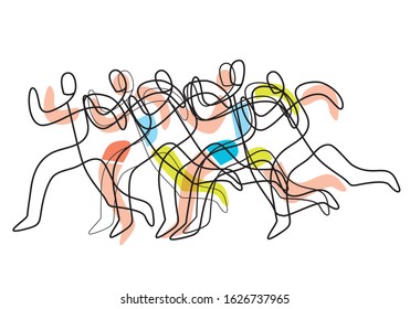 Marathon race, Group of running people, lineart style.
 Colorful stylized illustration of runners silhouettes.Isolated on white background. Vector available.
