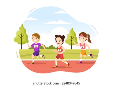 Marathon Race Illustration with Kids Running, Jogging Sport Tournament and Run to Reach the Finish Line in Flat Cartoon Hand Drawn Template