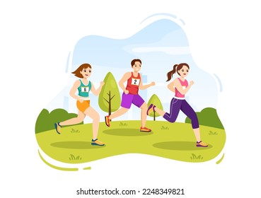 Marathon Race Illustration with People Running, Jogging Sport Tournament and Run to Reach the Finish Line in Flat Cartoon Hand Drawn Template