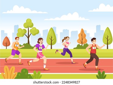 Marathon Race Illustration with People Running, Jogging Sport Tournament and Run to Reach the Finish Line in Flat Cartoon Hand Drawn Template