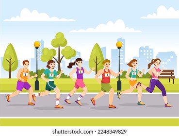 Marathon Race Illustration with People Running, Jogging Sport Tournament and Run to Reach the Finish Line in Flat Cartoon Hand Drawn Template